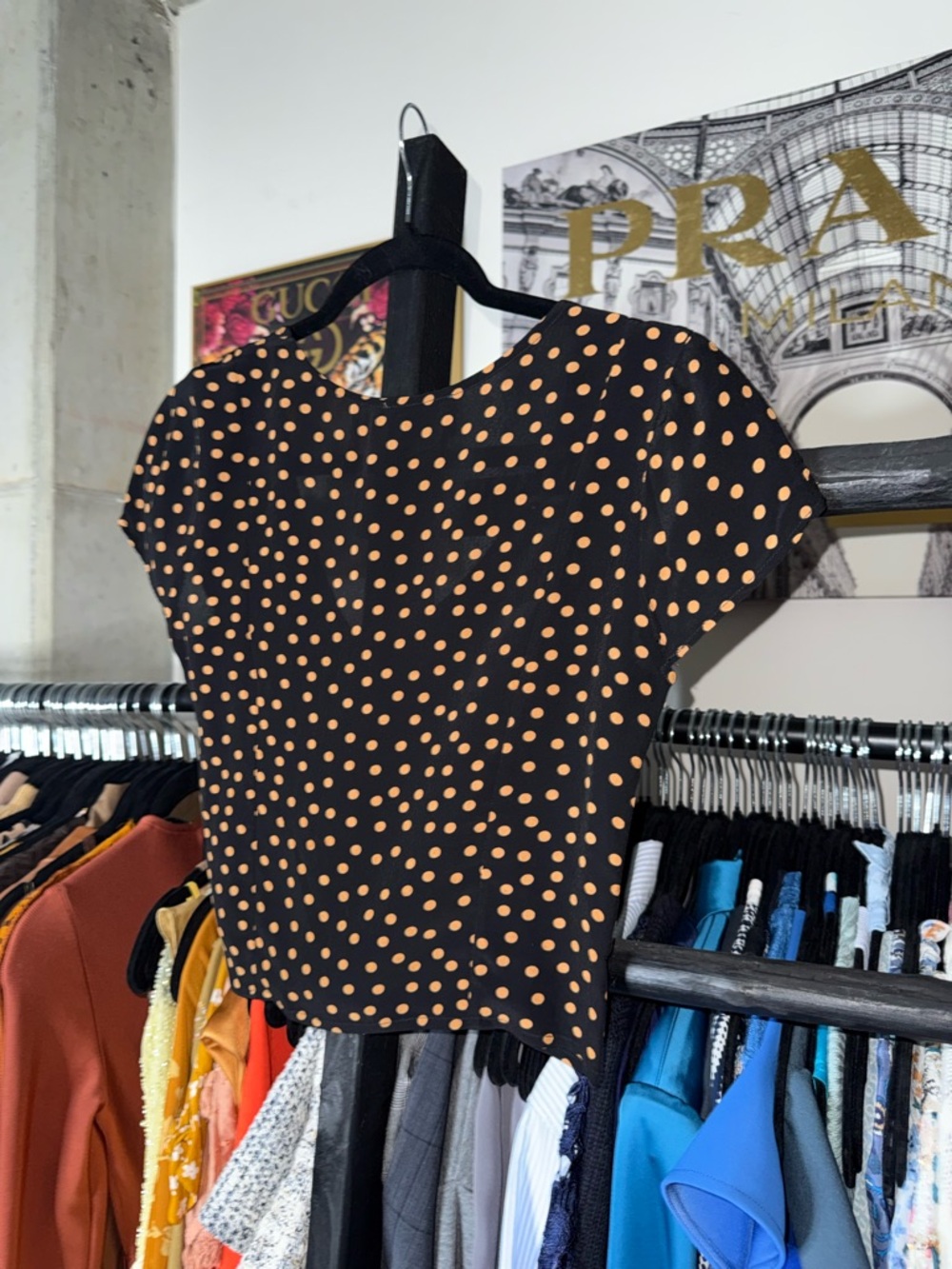 Rouje Ambroise Top Black Tan Polka Dot V Neck Button Front Blouse FR 36 US 4 EUC - Picture 6 of 7
